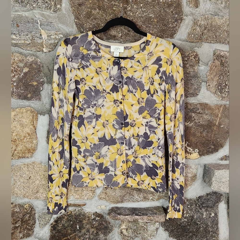 LOFT Floral Button-Up Blouse in Yellow and Gray